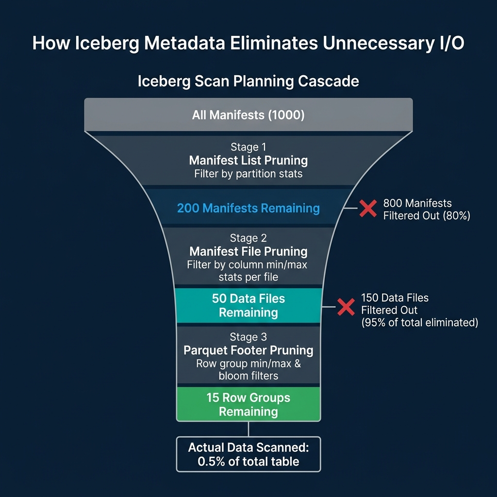 Iceberg scan planning cascade showing how metadata progressively eliminates files at each stage