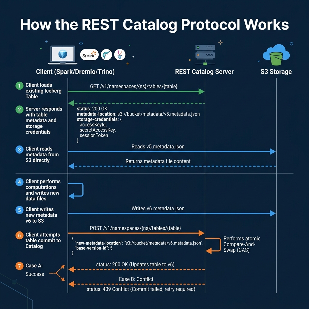 How the Iceberg REST Catalog Protocol works from table load through atomic commit