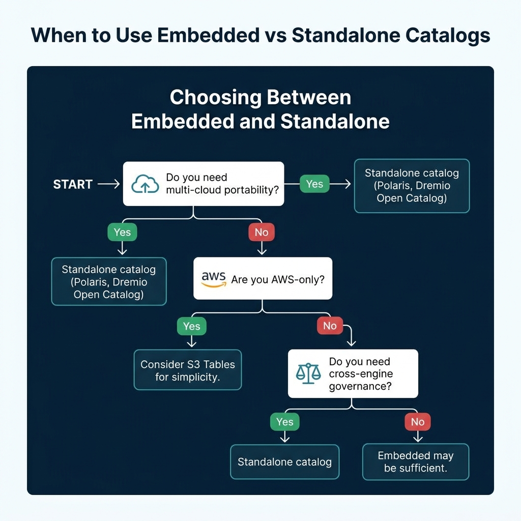 Decision tree for choosing between embedded and standalone catalogs