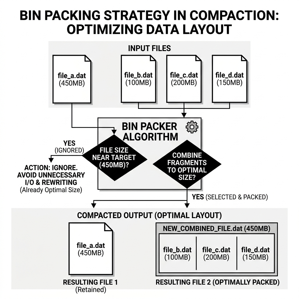 Bin packing algorithm selectively ignoring large files and merging only the tiny fragments