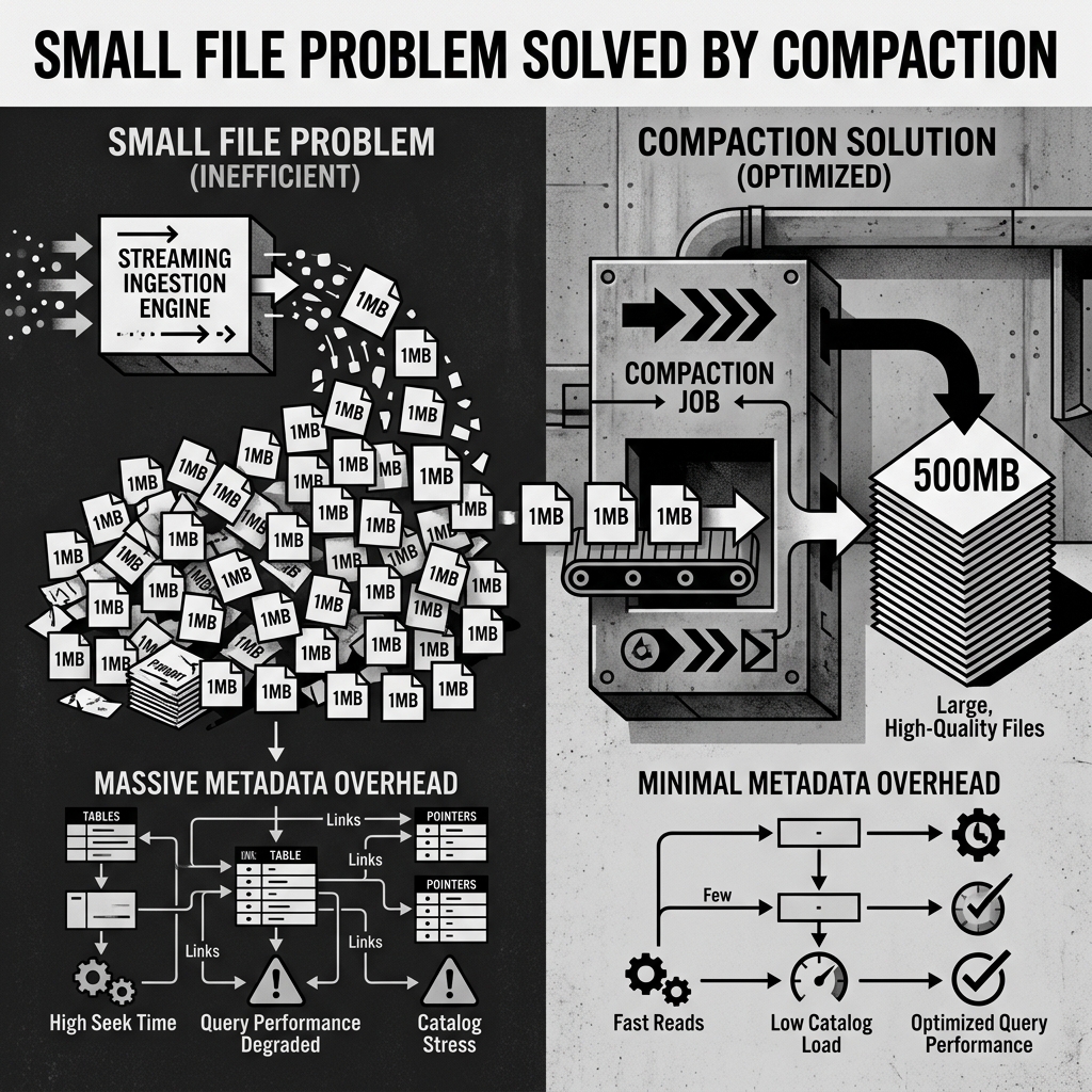 Streaming ingestion creating tiny files, and a compaction job merging them into large, optimized files