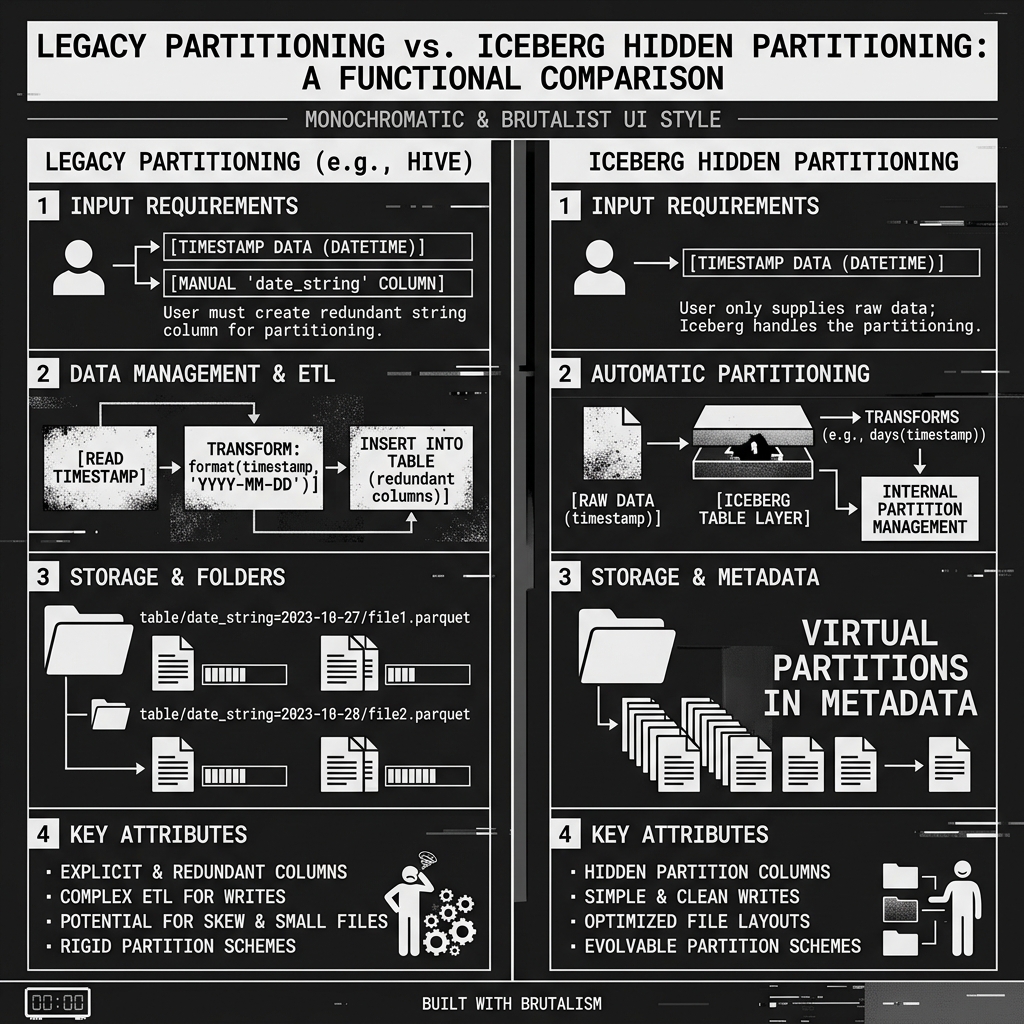 Comparison between Legacy Hive partitioning and Iceberg Hidden Partitioning