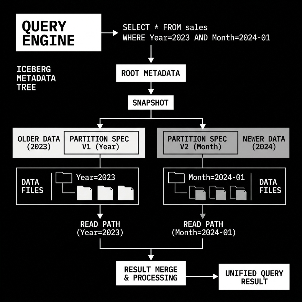Query engine seamlessly reading across different partition specs