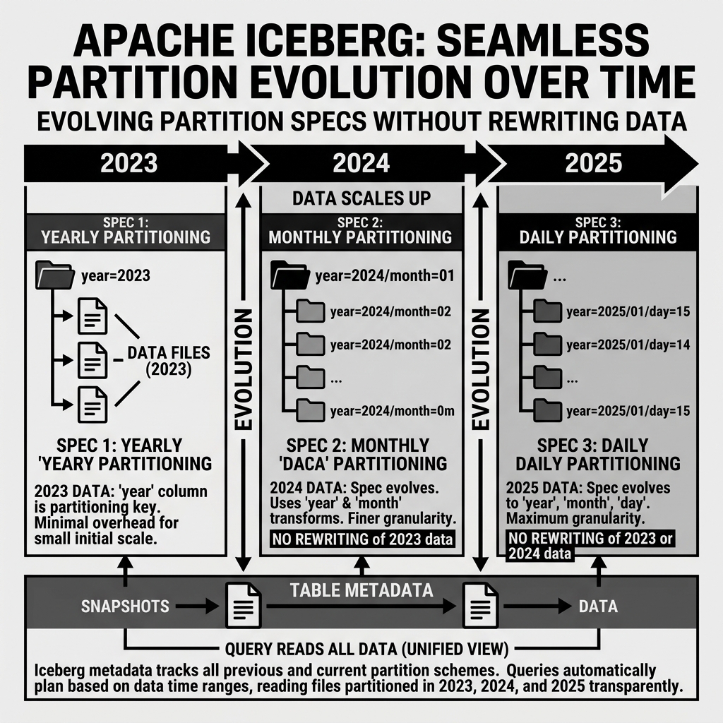 Timeline showing partition specs evolving from year to month to day