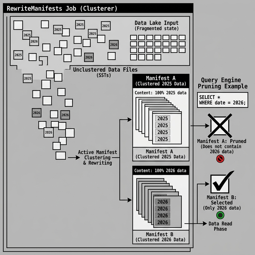 Clustering data file pointers into separate manifests based on partition boundaries