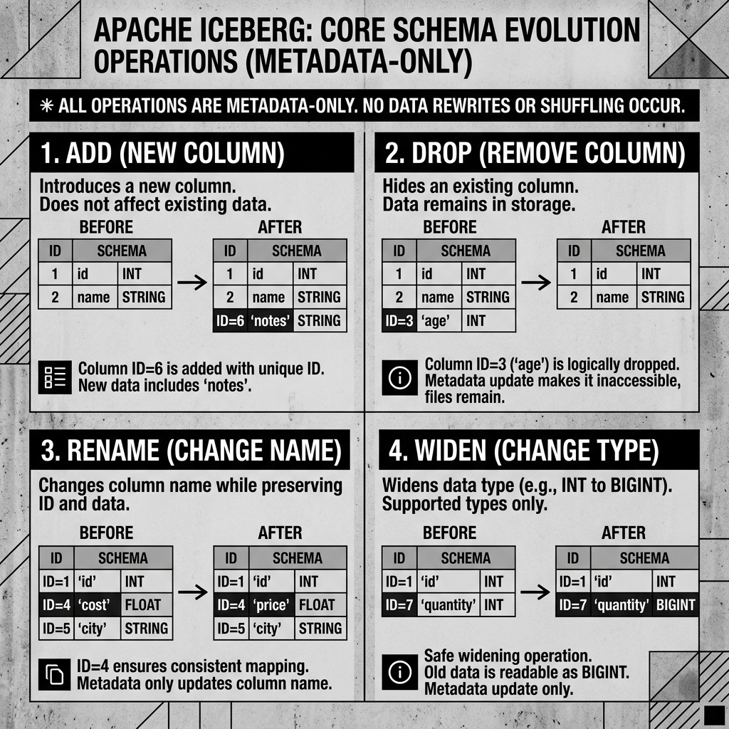 The four metadata-only operations of Schema Evolution