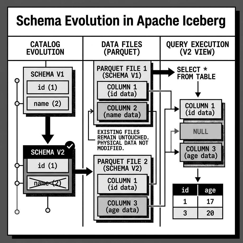 Schema Evolution adding and dropping columns without rewriting files