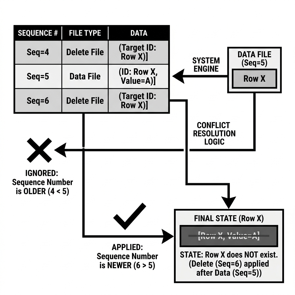 Sequence Numbers resolving conflicts between Data and Delete files
