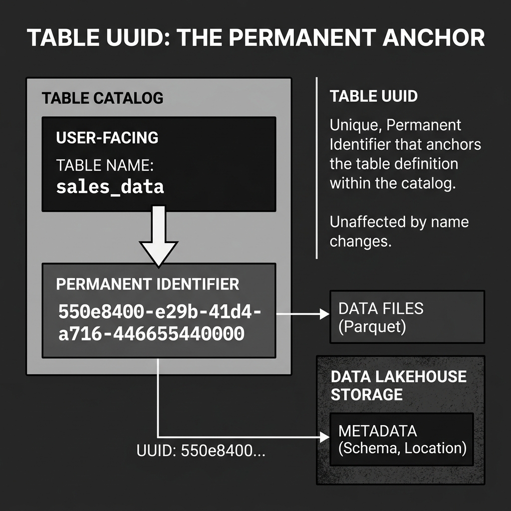 Table UUID acting as the permanent anchor for table metadata