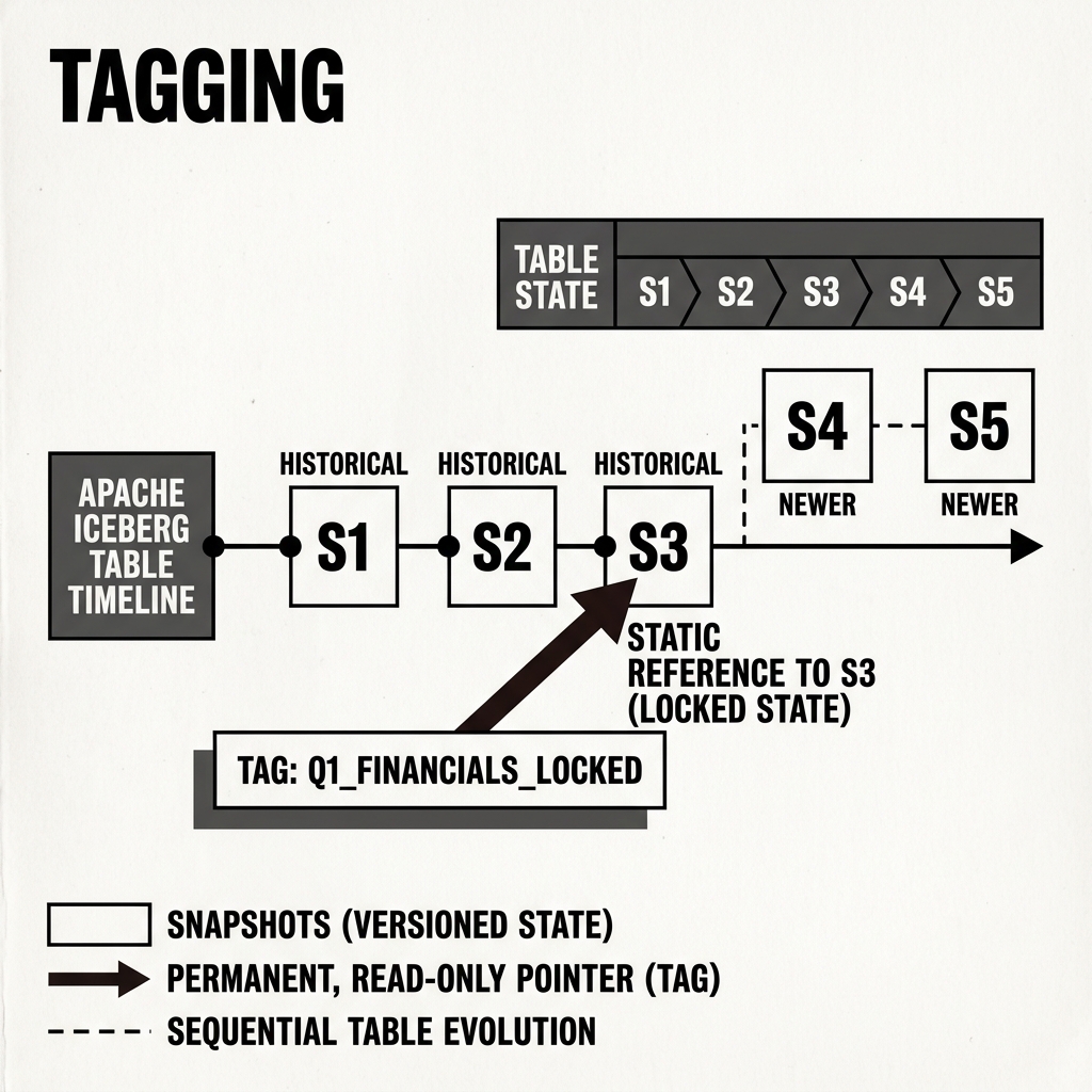 Tags acting as permanent, human-readable bookmarks to specific snapshots