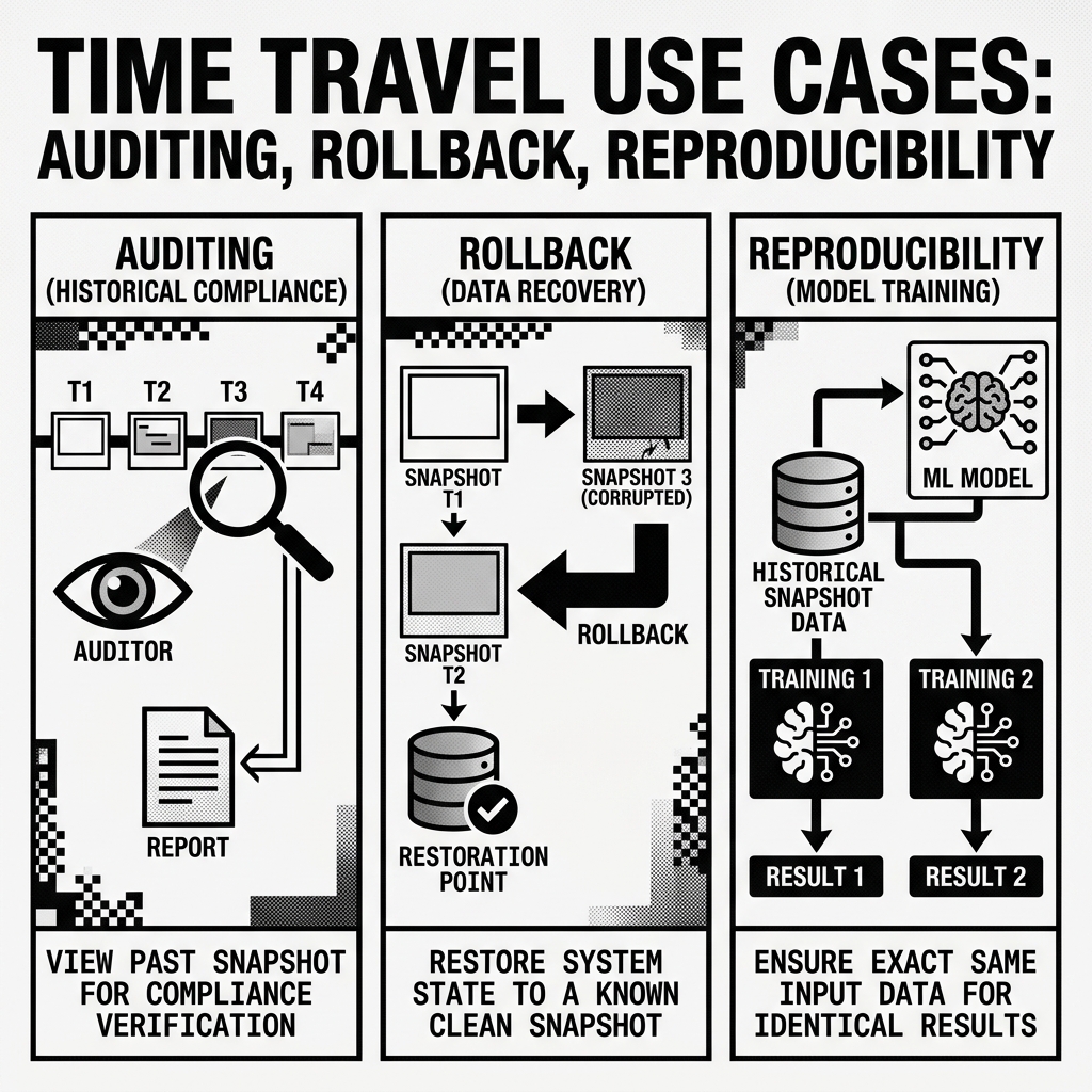 Three panels showing Auditing, Rollback, and Reproducibility use cases