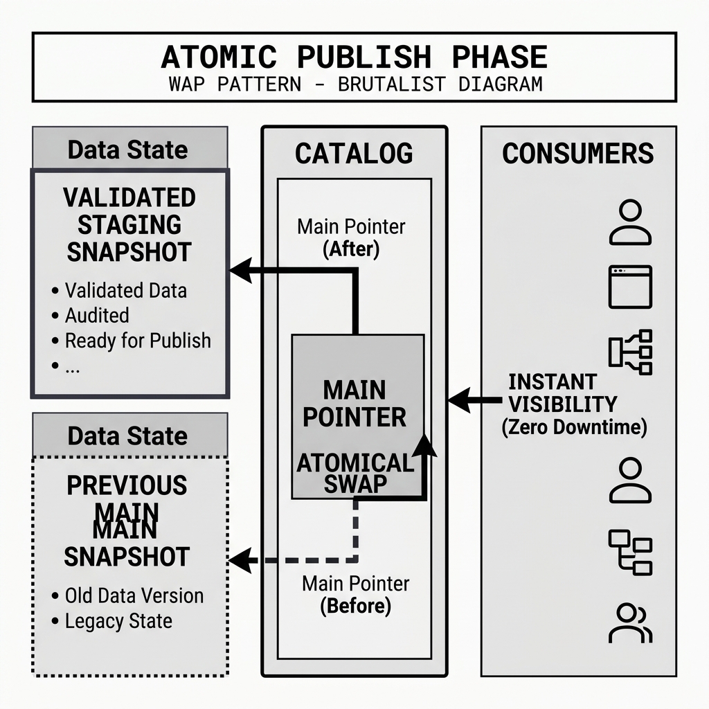 Catalog executing an atomic pointer swap to instantly publish audited data